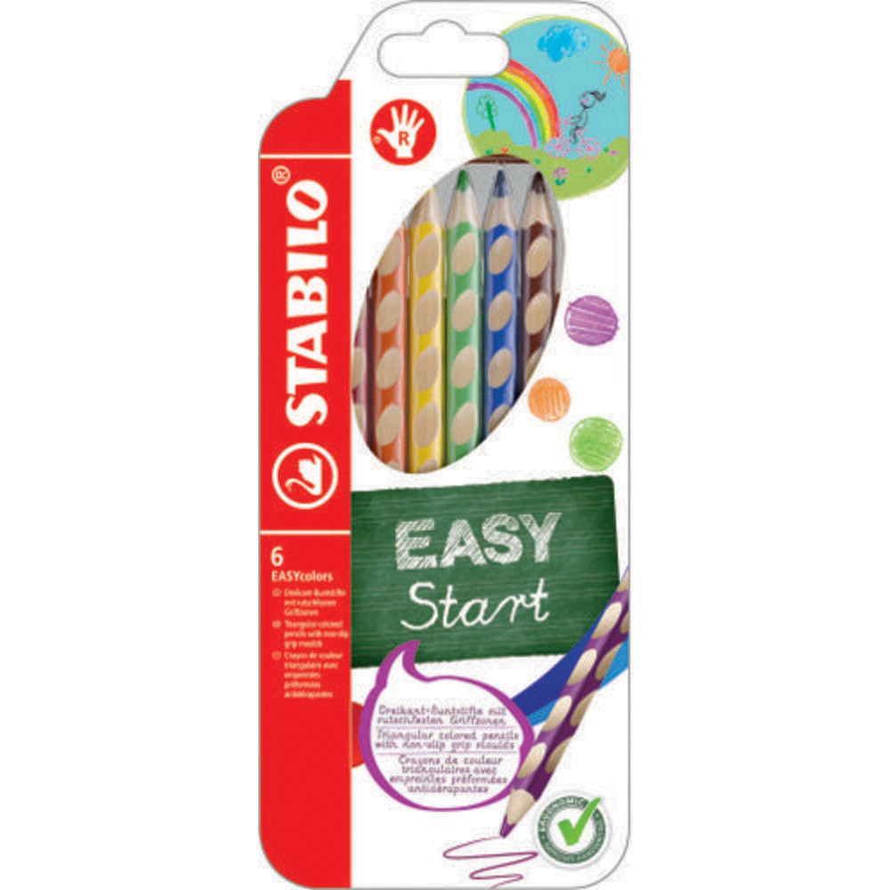 STABILO Etui de 6 crayons de couleur EASYcolors droitier. Jaune+orange+rouge+bleu fonc+vert clair+marron