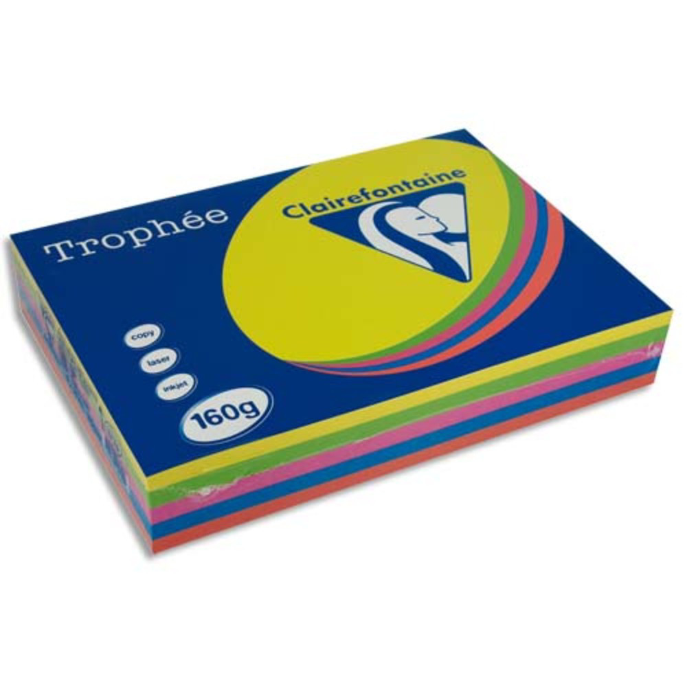 CLAIREFONTAINE Ramette 5x50F papier Trophe 160g A4 assortis intense soleil,menthe,cardinal,BleuT,Fuchsia
