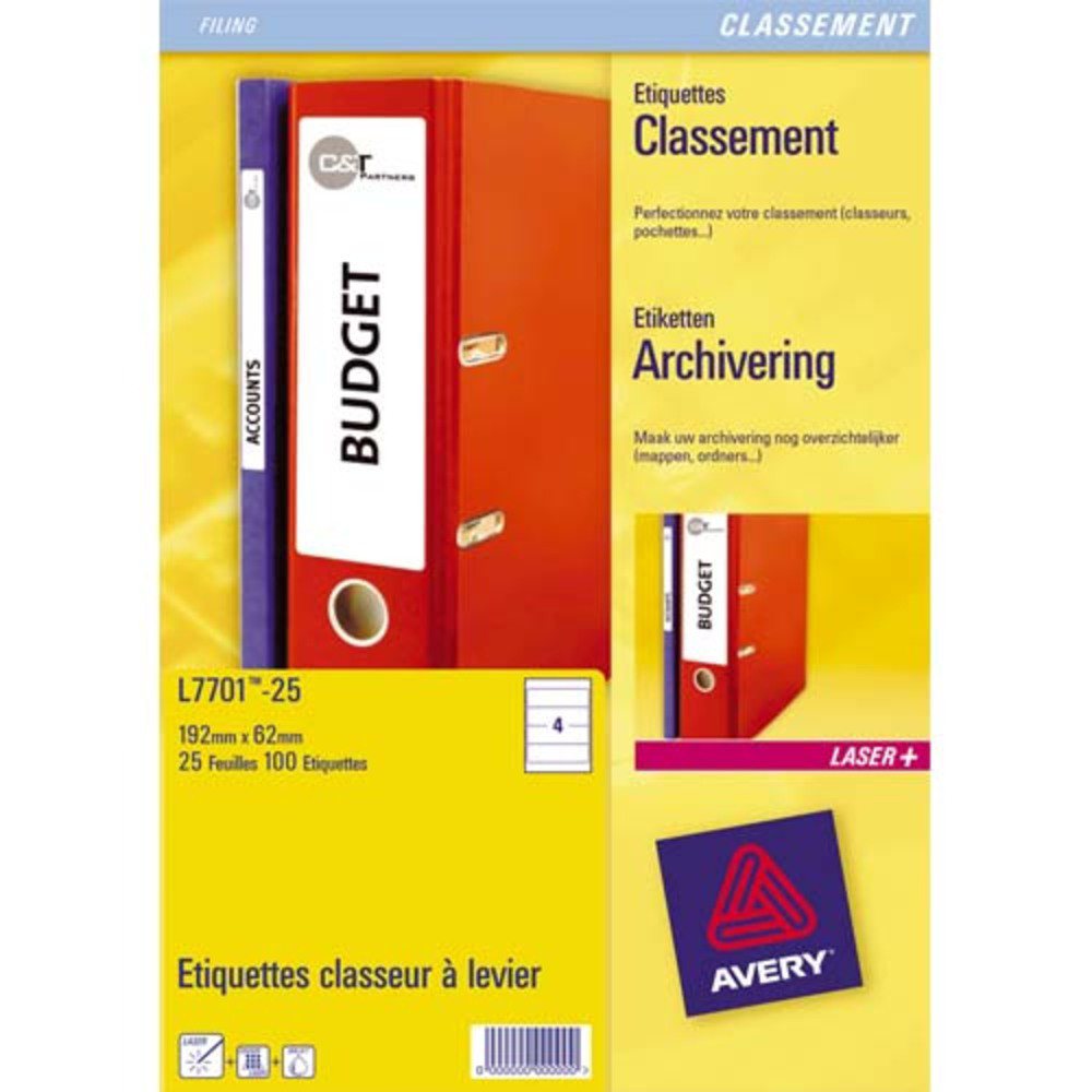 AVERY Bote de 175 tiquettes Laser pour dos de classeur 192X38 L4760-25