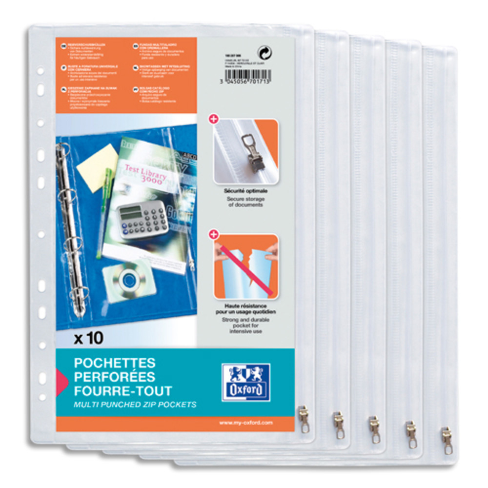 OXFORD Sachet de 10 pochettes perfores  Zip en PVC transparent 14/100e. Format A4,perforation 11 trous.