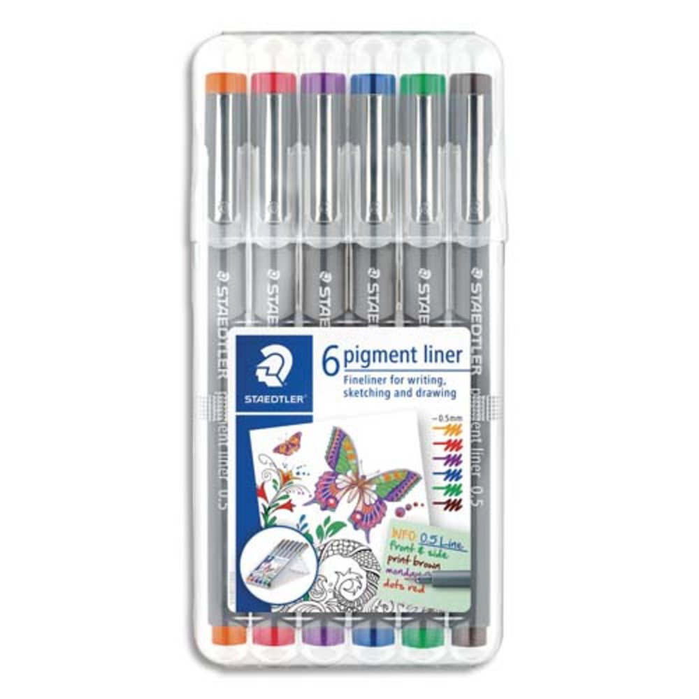 STAEDTLER Etui de 6 feutres pigment liner 308, pointe calibre bague mtal 0,5 mm. Assortis