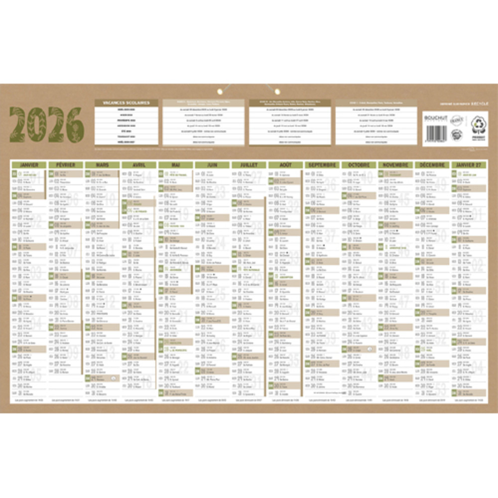 CBG Calendrier NATURA maxi, 100% recycl, Janvier  Dcembre recto, blanc verso,43x65cm