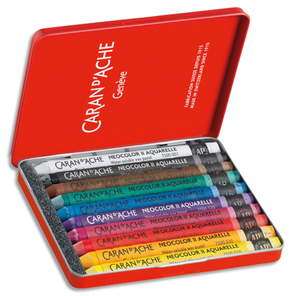 CARAN D'ACHE Bote mtal de 10 couleurs assorties Pastel  la cire aquarellable CLASSIC NEOCOLOR II
