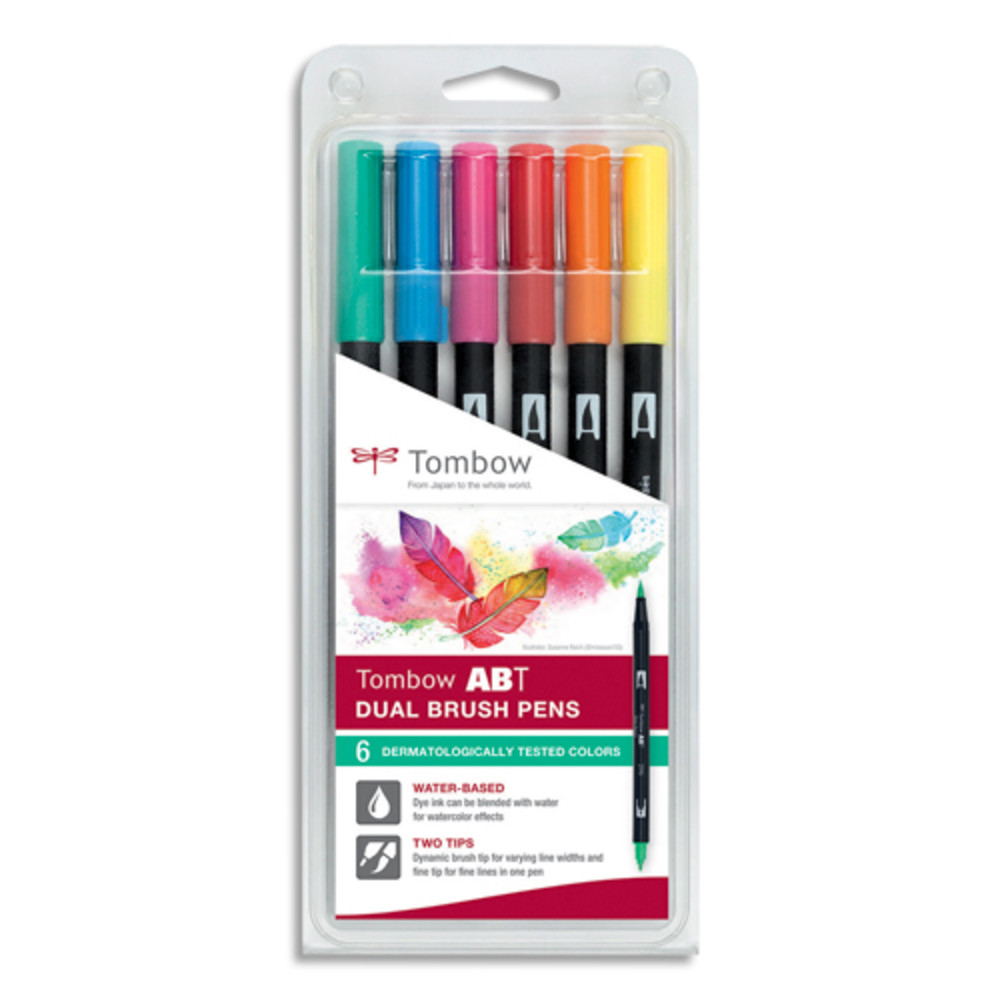 TOMBOW Bote 6 feutres ABT double pointe (pinceau+fine), assortis couleurs testes dermatologiquement