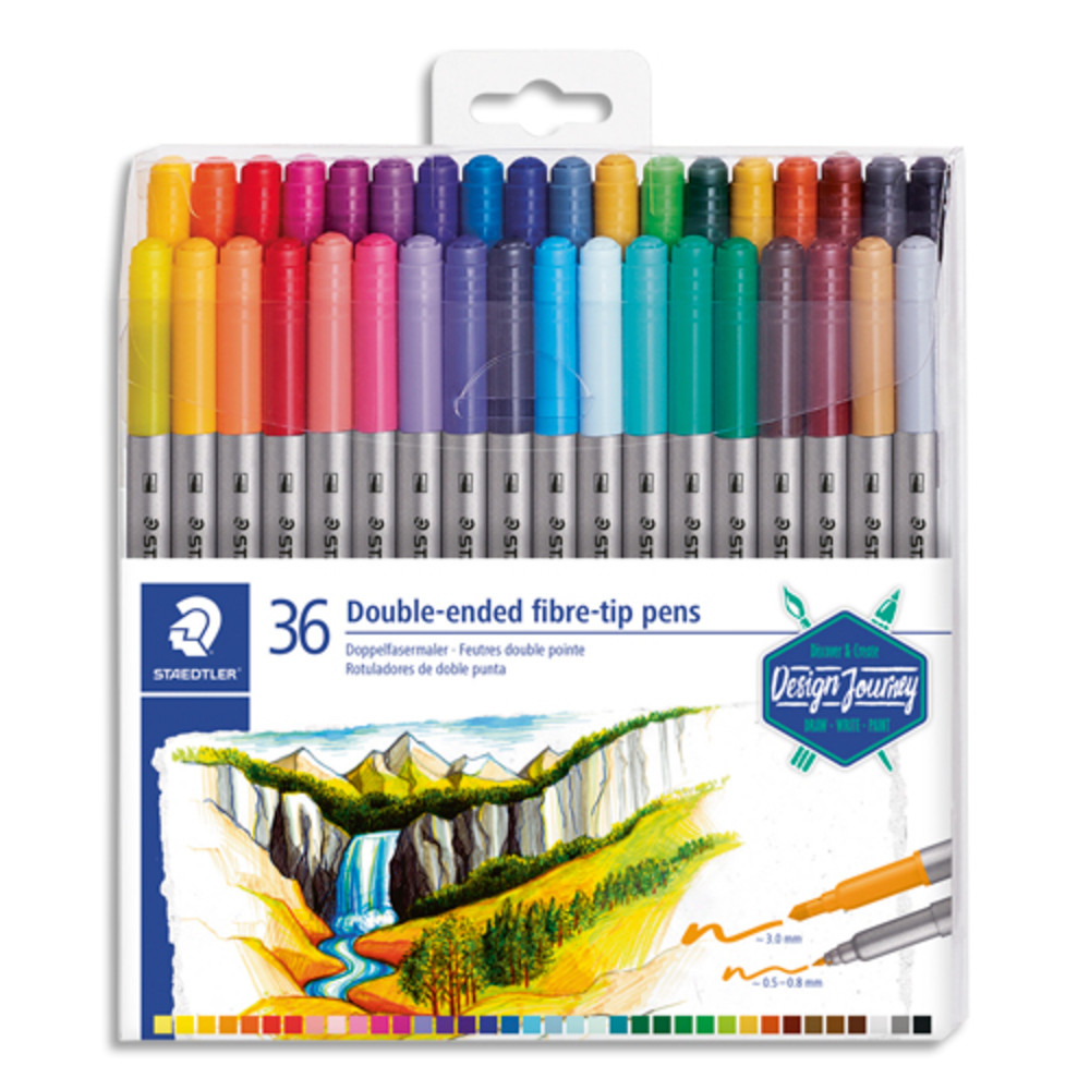 STAEDTLER Set 36 Feutres de coloriage double pointe fine 0,5  0,8mm et large 3mm,  base d'eau, assortis