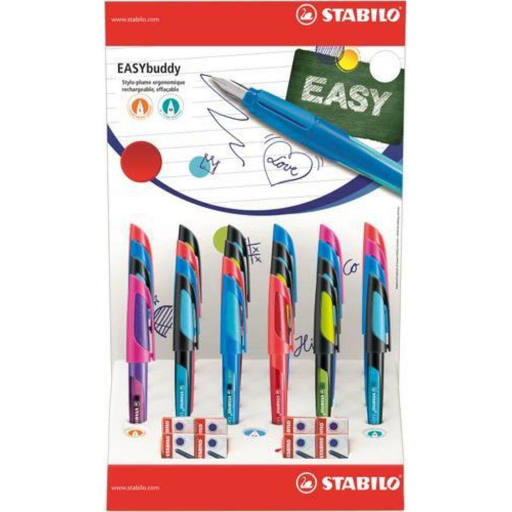 STABILO Prsentoir de 24 stylos-plume EASYbuddy mixte M et L spciale gaucher + 8 botes de 3 cartouches