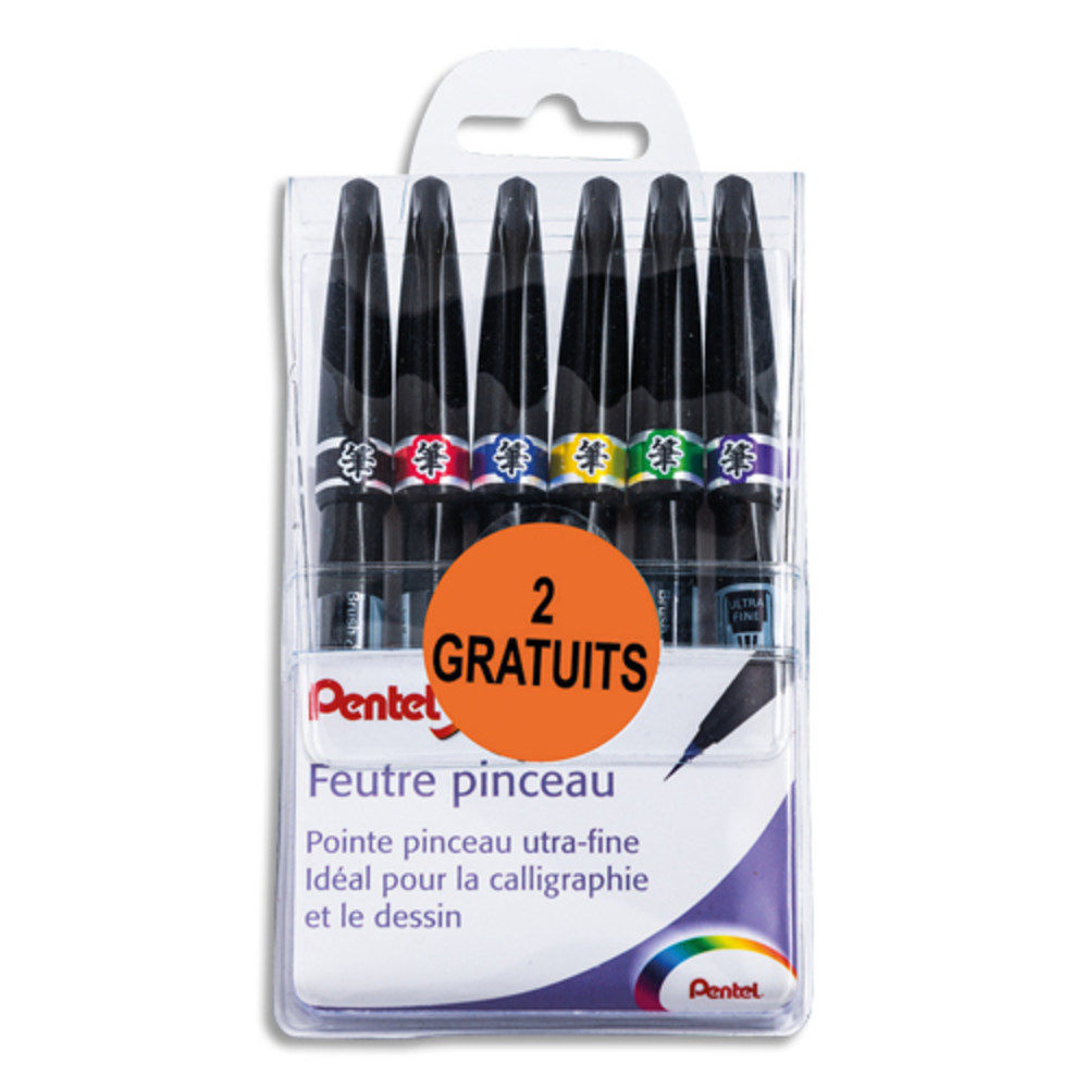 PENTEL Pochette de 6 feutres pinceau pointe souple extra-fine rsistante.