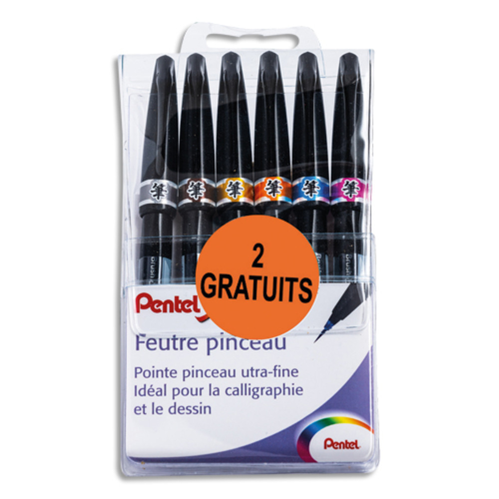 PENTEL Pochette de 6 feutres pinceau pointe souple extra-fine rsistante.