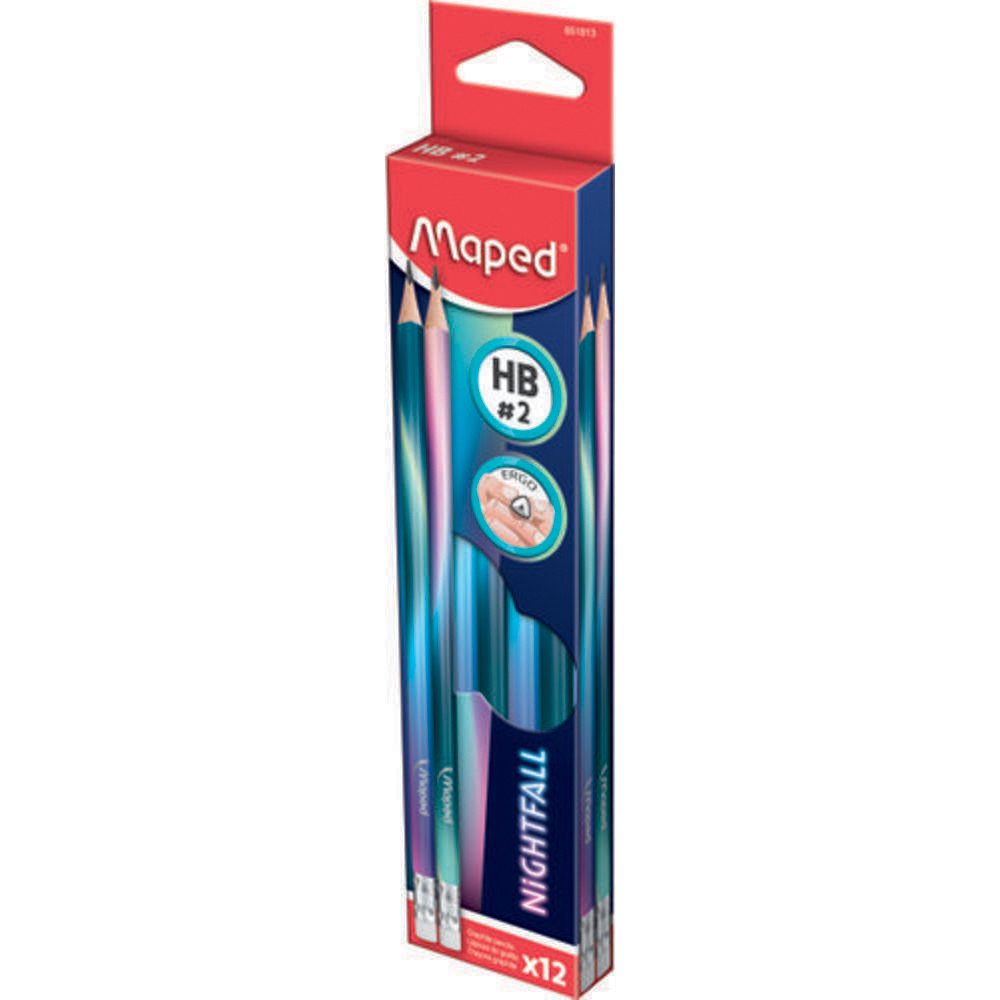 MAPED Crayon Graphite NIGHTFALL HB x12, embout gomme, coloris assortis