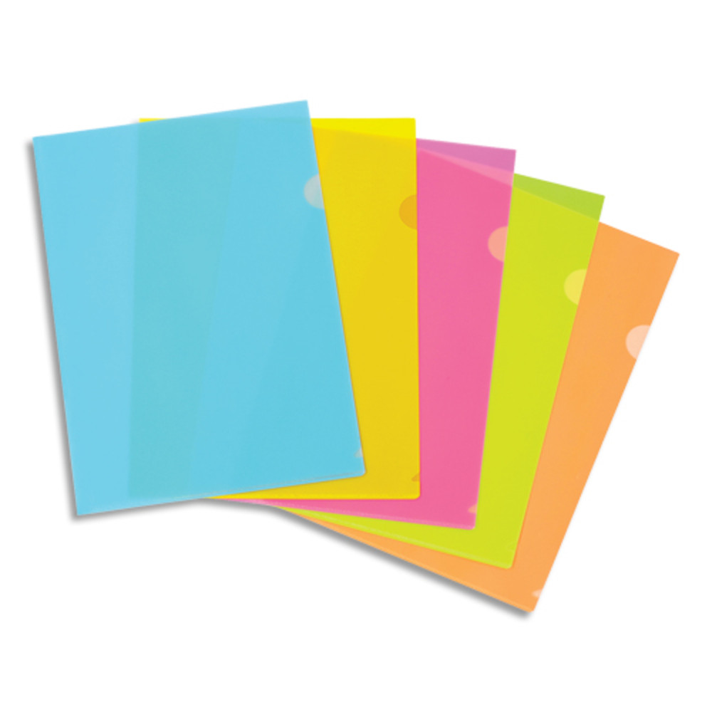VIQUEL Sachet 10 pochettes coin A4 Happy Fluo en polypropylne 13/100me. Coloris assortis