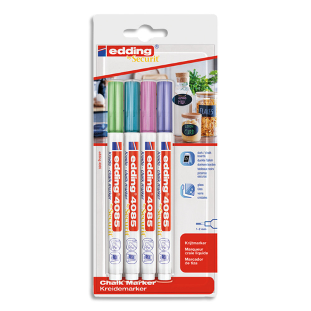 EDDING Pochette 4 marqueurs craie liquide E-4085 pointe ogive 1-2mm base eau. Coloris assortis mtallis