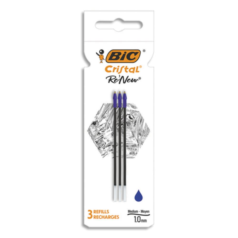 BIC Cristal Re'New Recharges pour Stylo-Bille Pointe Moyenne (1,0 mm) - Bleu, Etui Carton de 3