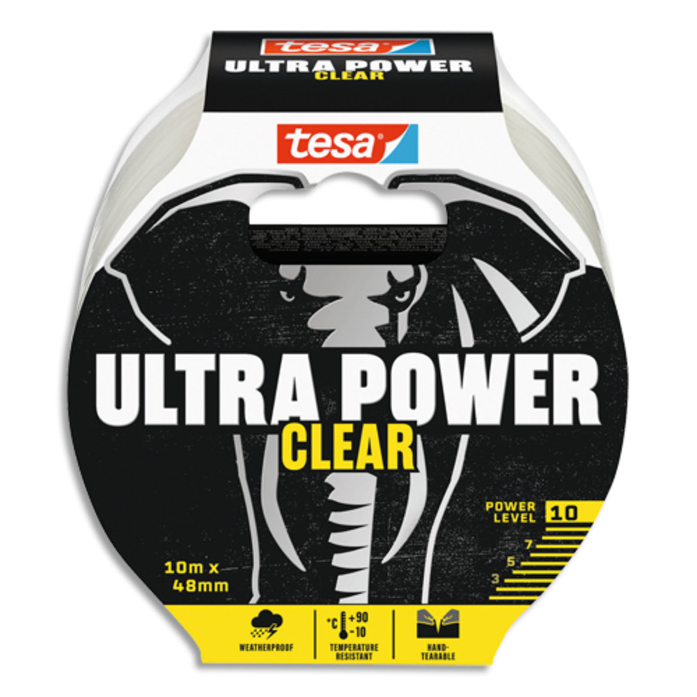 TESA Ruban rparation POWER CLEAR 10mx4,8cm ultra rsistant, dchirable  la main. Coloris transparent