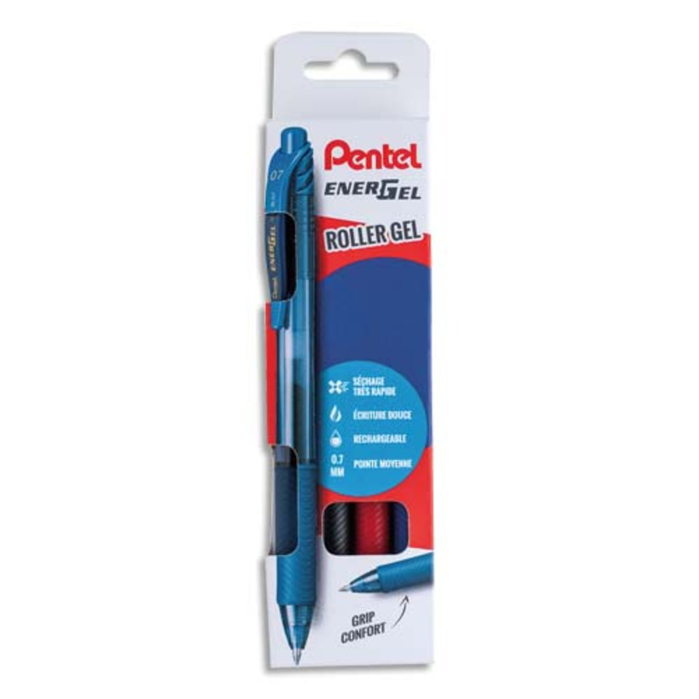 PENTEL Pochette 4 rollers ENERGELX rtractable. Rechargeable. Coloris assortis noir/rouge/bleu/bleu nuit