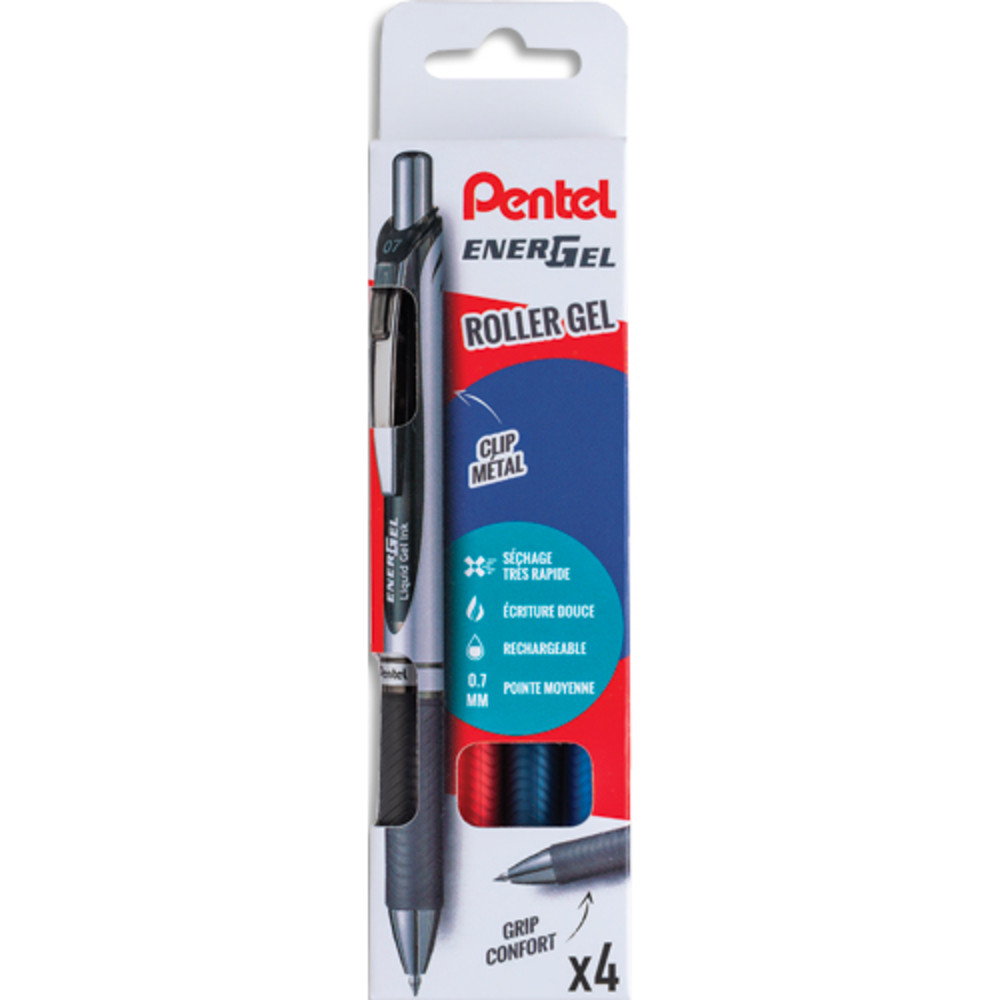 PENTEL Pochette de 4 roller encre gel rtractable 0,7mm. Encre fluide et lumineuse. Rechargeable