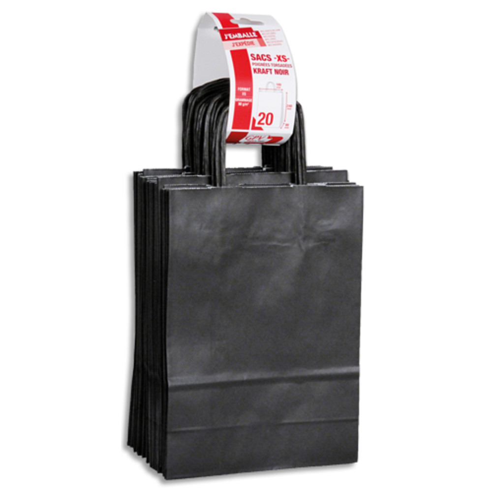GPV Paquet de 20 sacs  anse torsade kraft noir 90gr/m. Format 24x18x8 (XS) FSC-M