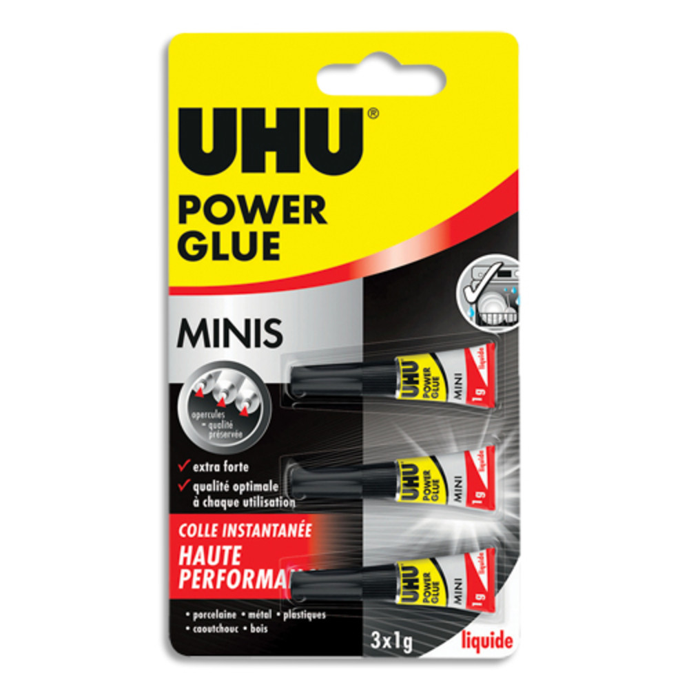 UHU Colle Power Glue liquide Mini de 3x1gr. Idal pour petites zones. Colle support solide et flexible