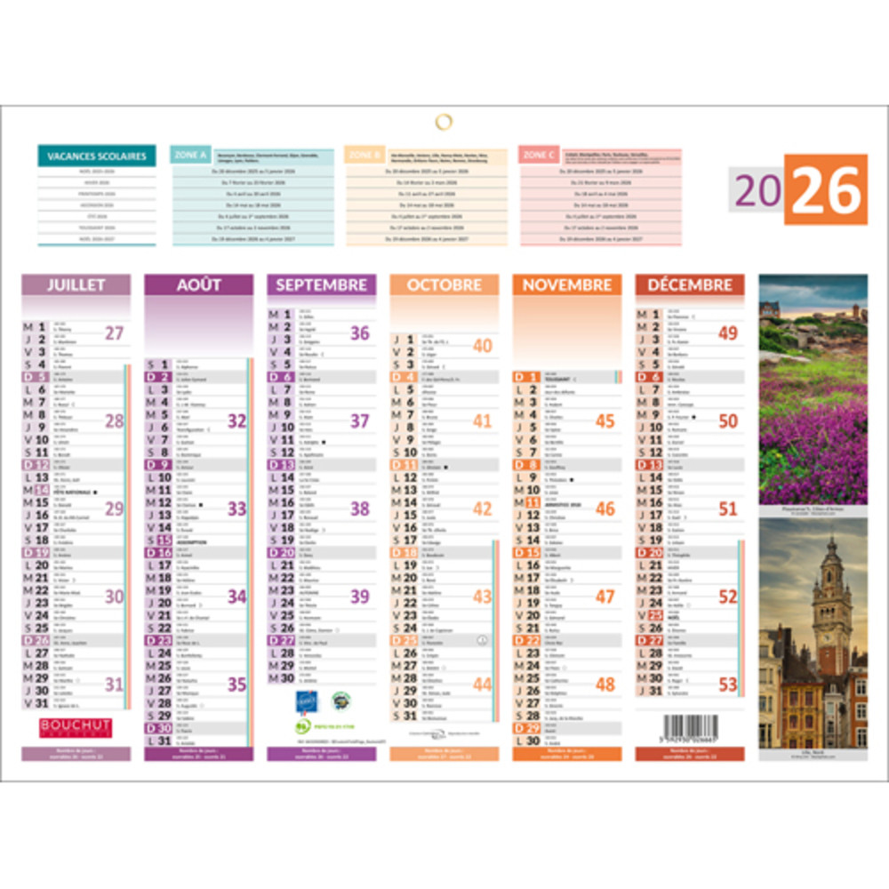 CBG Calendrier 4 SAISONS mdium, Janvier  Dcembre, photos paysages france, 32x42cm, 1 illet