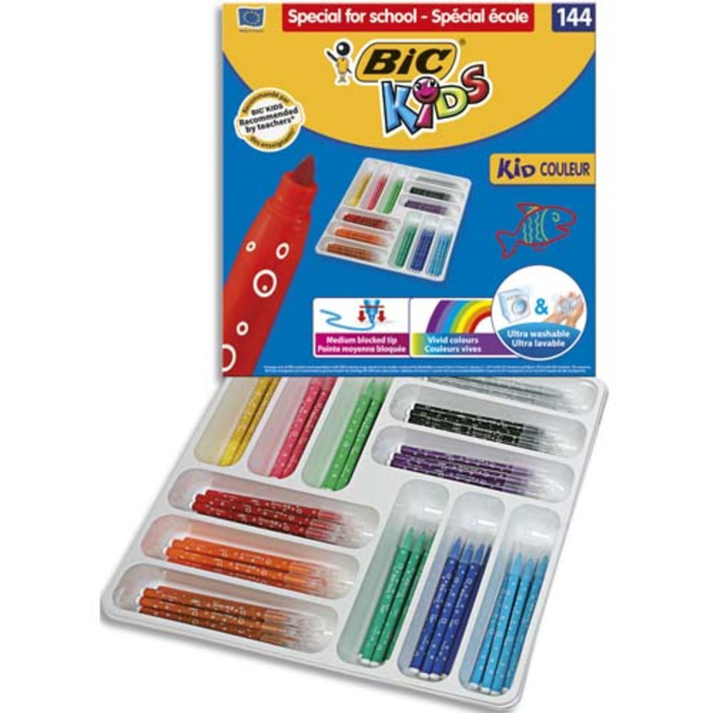 BIC KIDS Kid Couleur Feutres de Coloriage  Pointe Moyenne - Couleurs Assorties, Classpack de 144