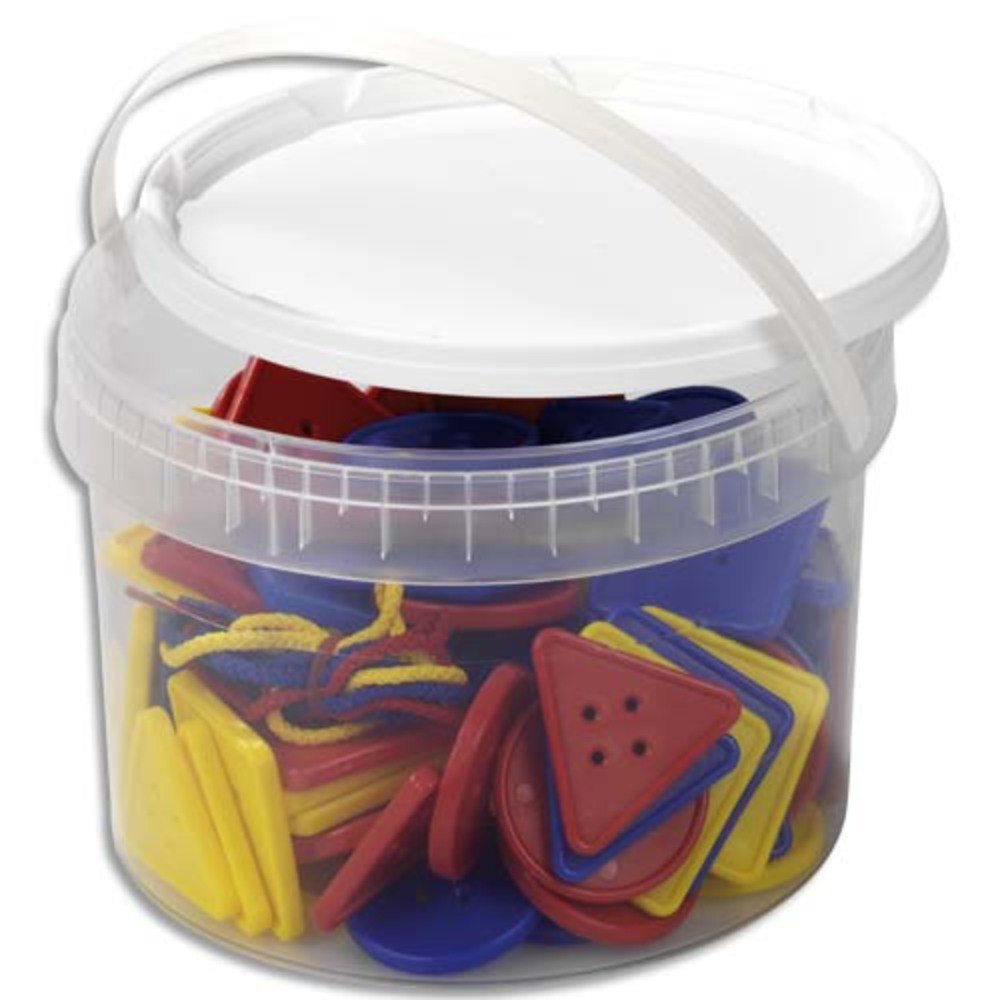 CULTURE CLUB Lot de 81 formes gomtriques (5x5 cm) plastique et 27 lacets 3 coloris livrs dans un seau de rangement