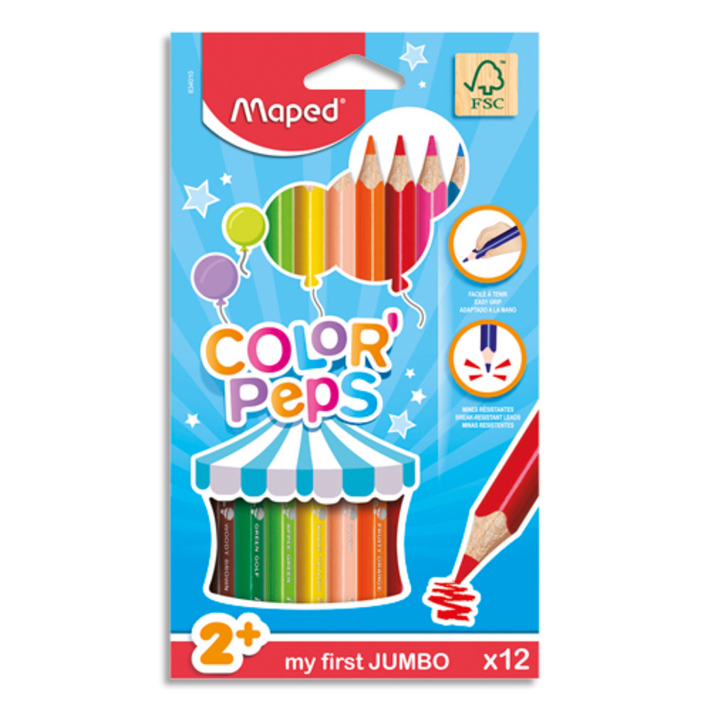MAPED Color'Peps Jumbo - 12 Crayons de couleur triangulaires certifis FSC