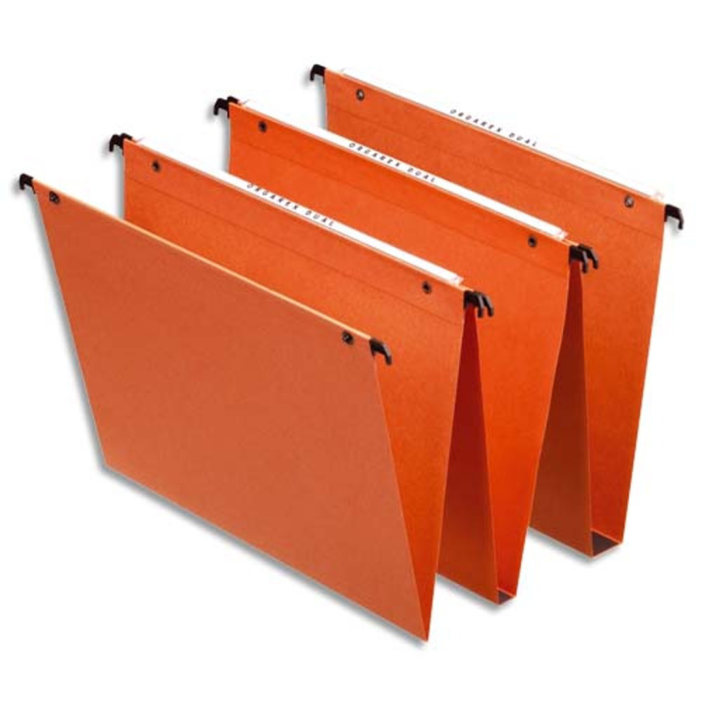 ESSELTE Bote de 25 dossiers suspendus DUAL TIROIR en kraft 220g. Fond 30, volet agrafage. Orange
