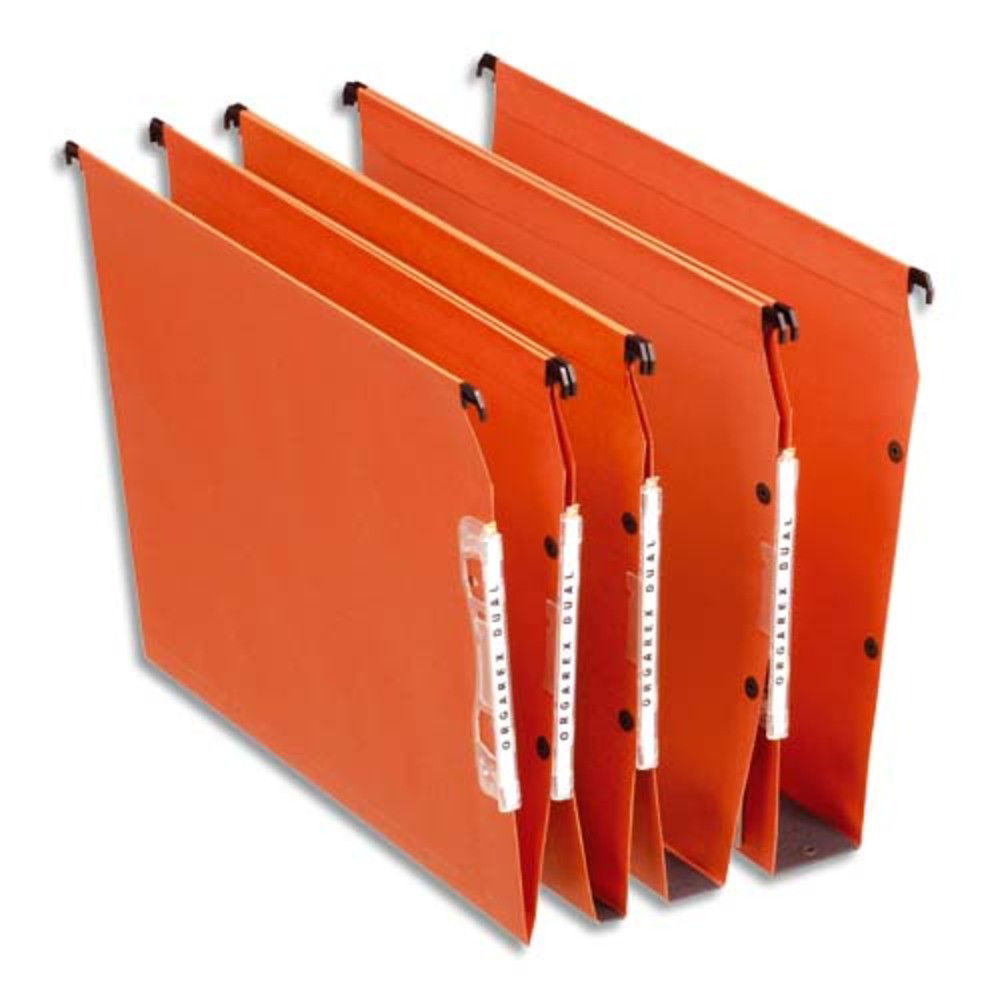 ESSELTE Bote de 25 dossiers suspendus DUAL ARMOIRE en kraft 220g. Fond V, volet agrafage. Orange