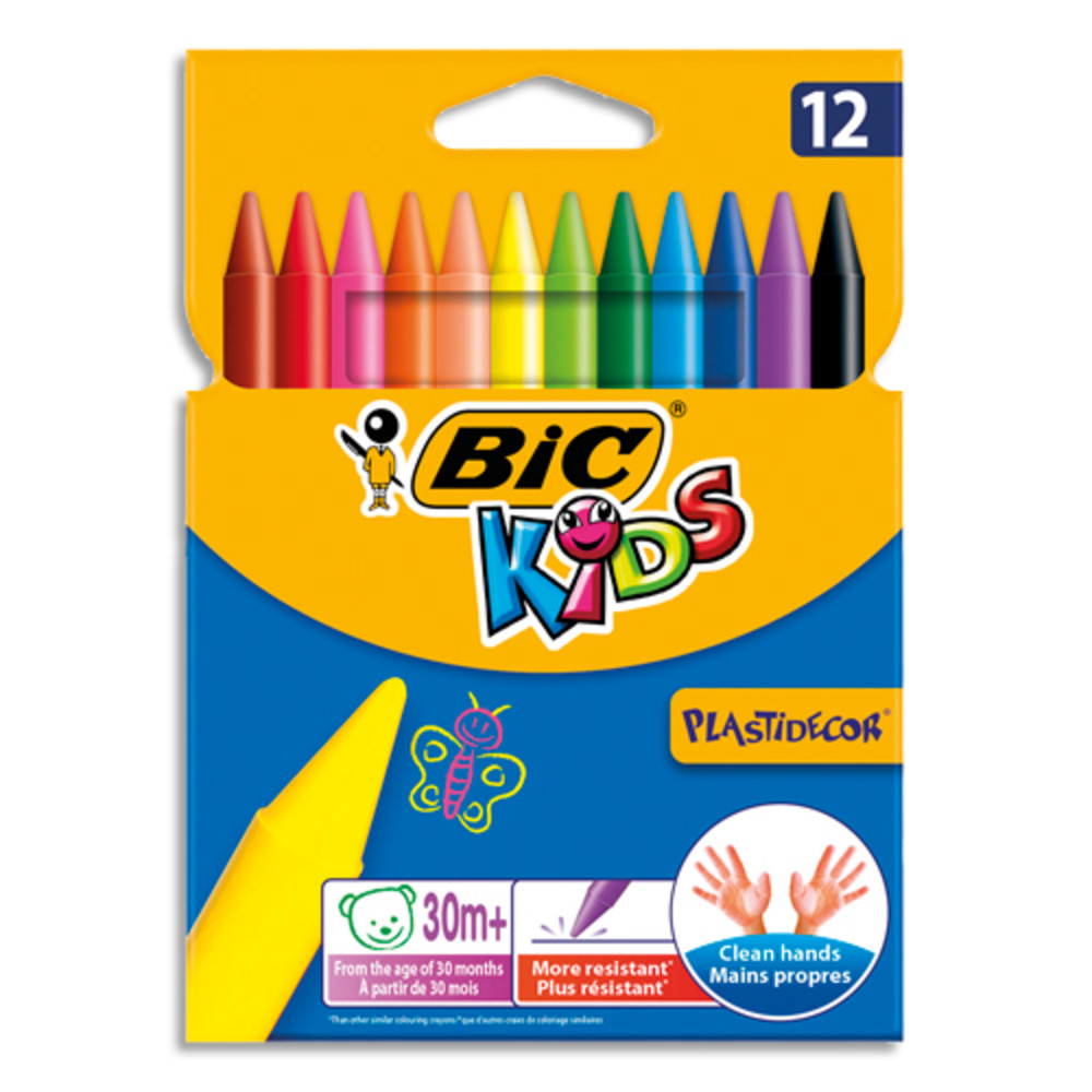 BIC KIDS Plastidecor Craies de Coloriage - Couleurs Assorties, Etui Carton de 12