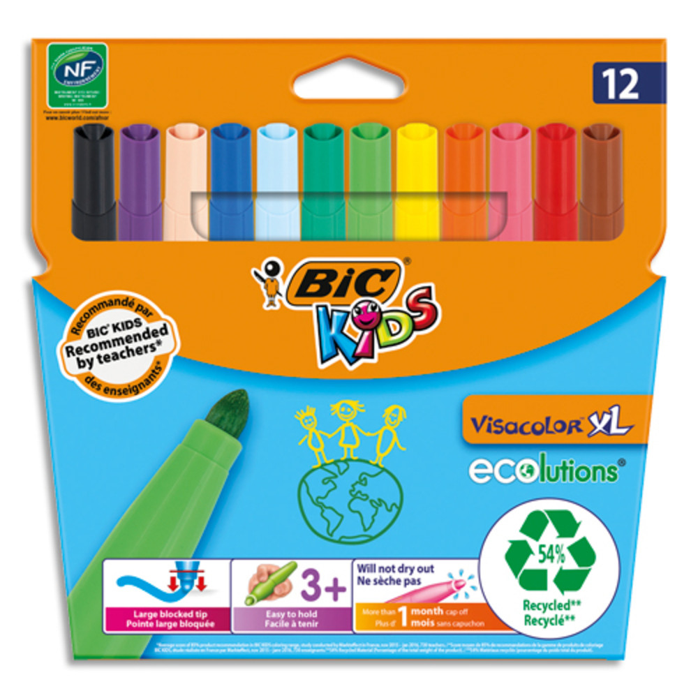 BIC KIDS Visacolor XL Feutres de Coloriage  Pointe Large - Couleurs Assorties, Etui Carton de 12
