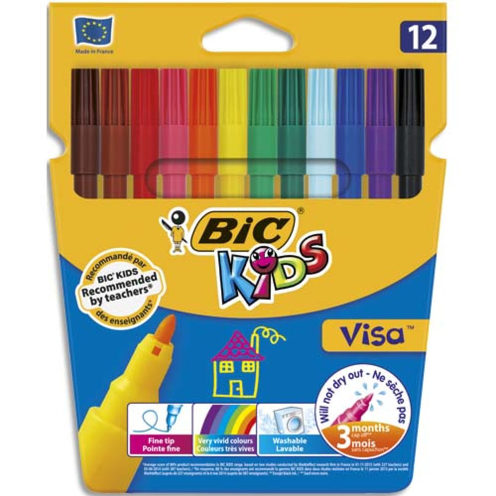 BIC KIDS Visa Feutres de Coloriage  Pointe Fine - Couleurs Assorties, Etui Carton de 12