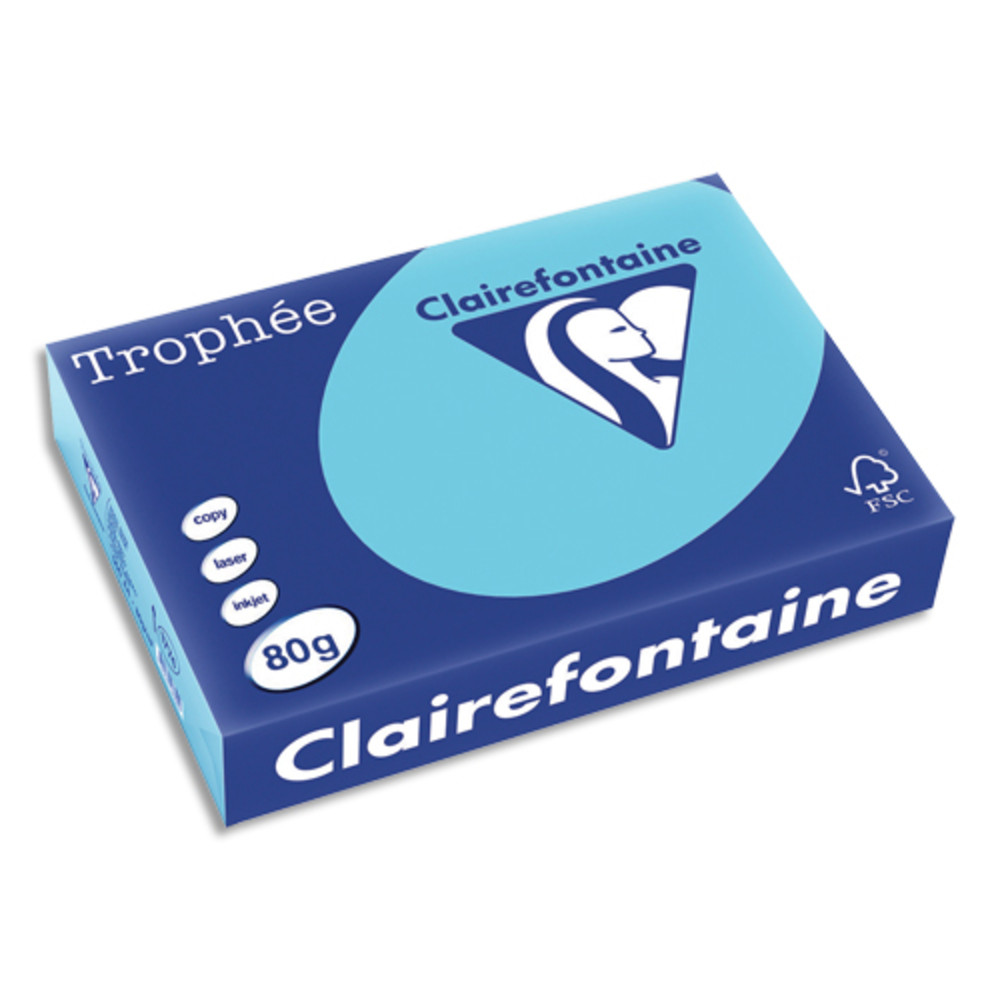 CLAIREFONTAINE Ramette de 500 feuilles papier couleur TROPHEE 80 grammes format A4 Bleu aliz 1774