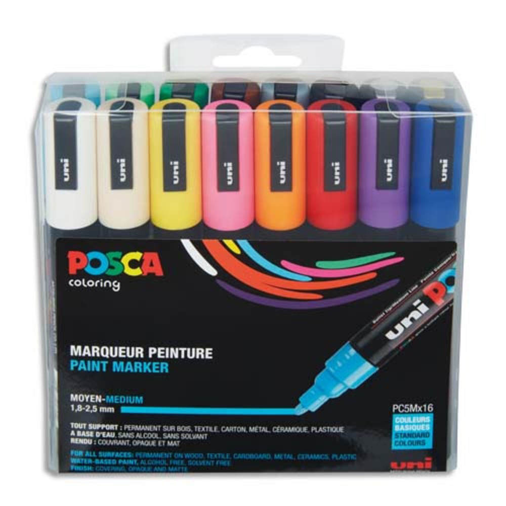 UNI POSCA POSCA Pochette 16 marqueurs peinture  eau, encre pigmentation assortie, pte moy PC5M/16A ASS22