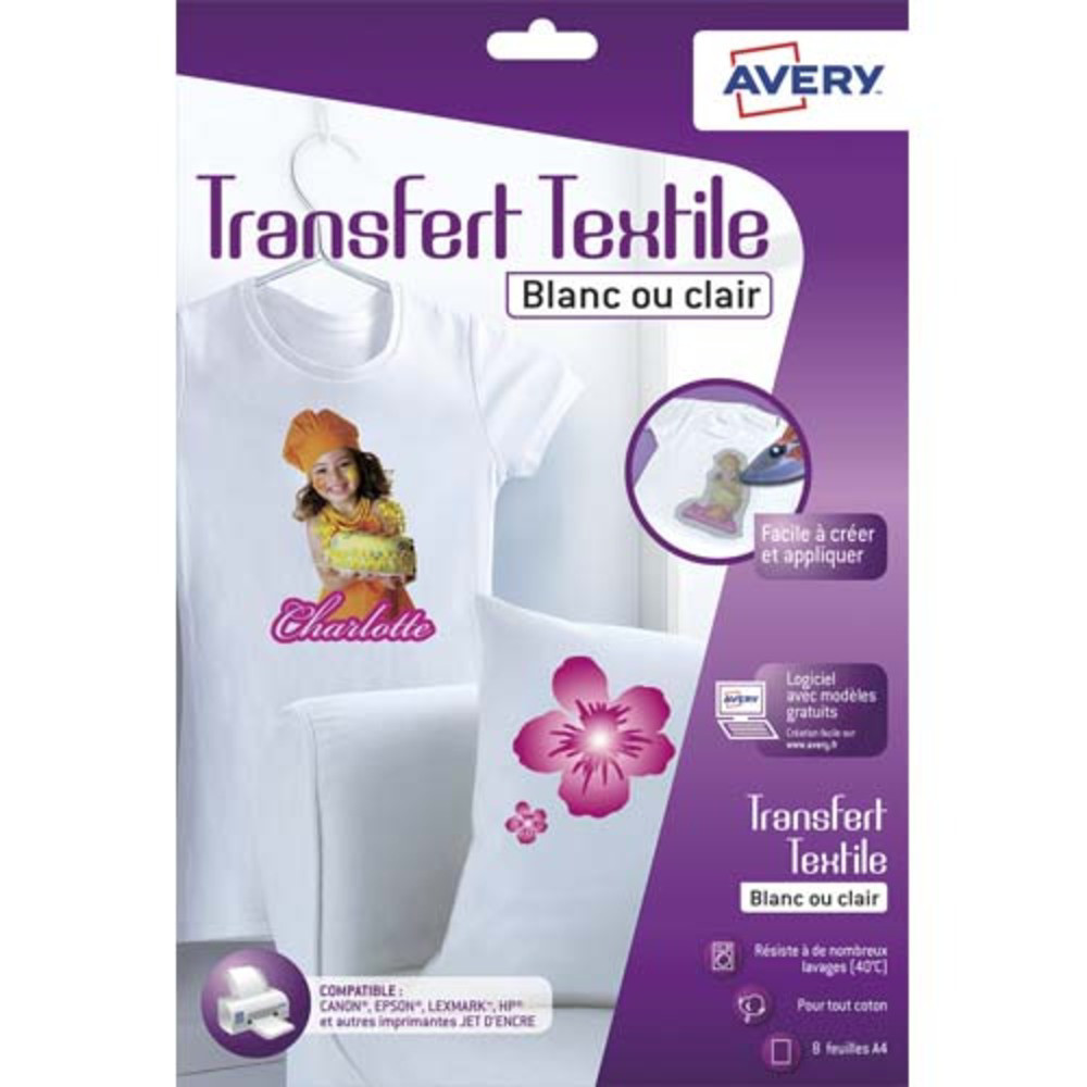 AVERY Bote de 8 feuilles transferts pour tee-shirt Blanc ou clair