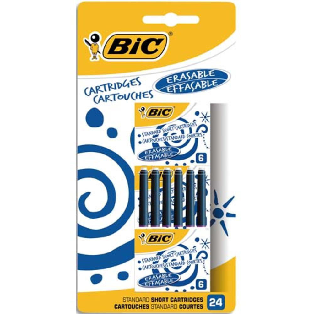 BIC Cartouches d'Encre Courtes Standard pour Stylos-Plume - Bleu Effaable, Blister de 24