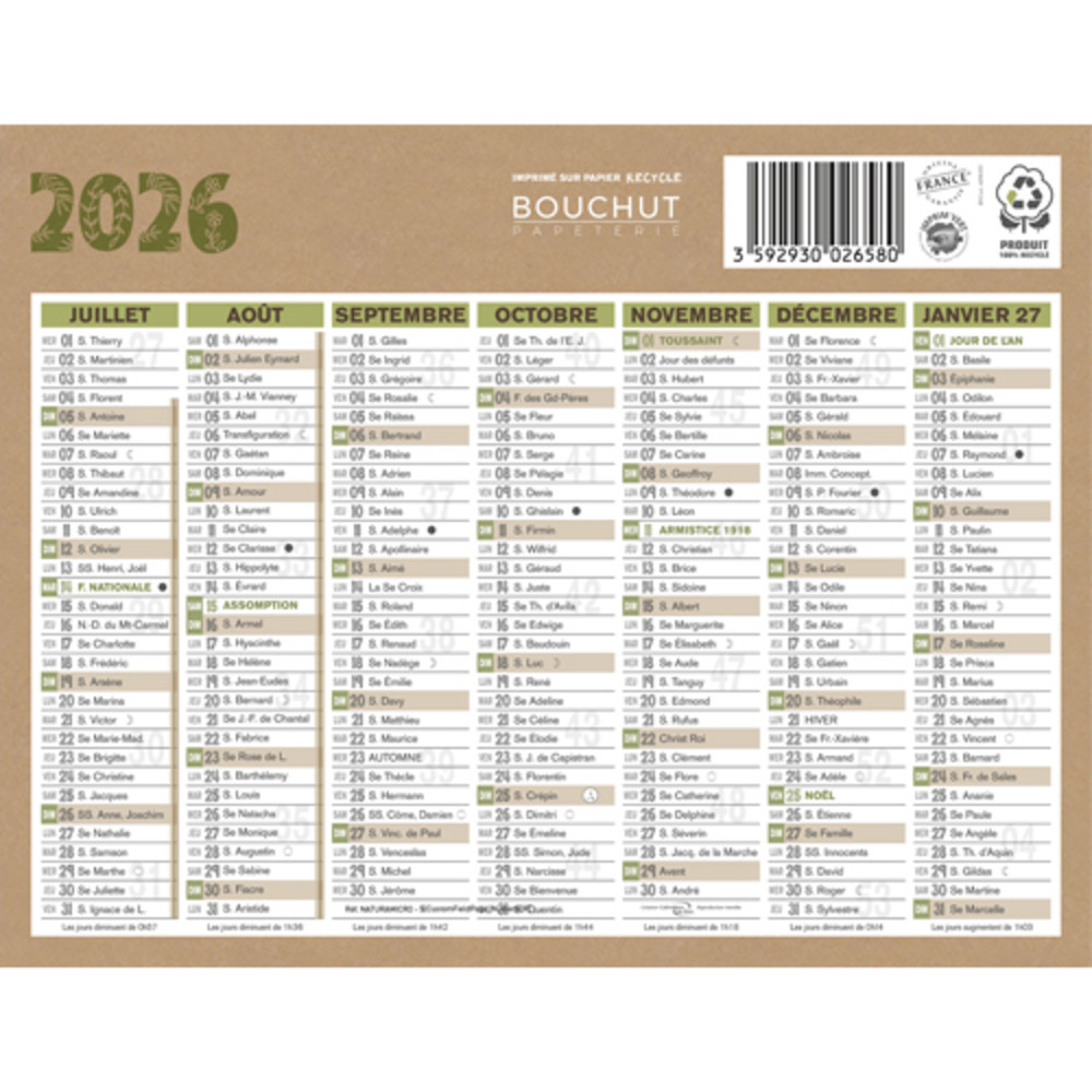 CBG Calendrier NATURA micro, 100% recycl, 13,5x17,5cm