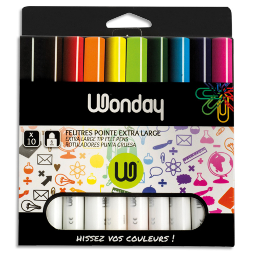 WONDAY Pochette de 10 feutres pointe large assortis