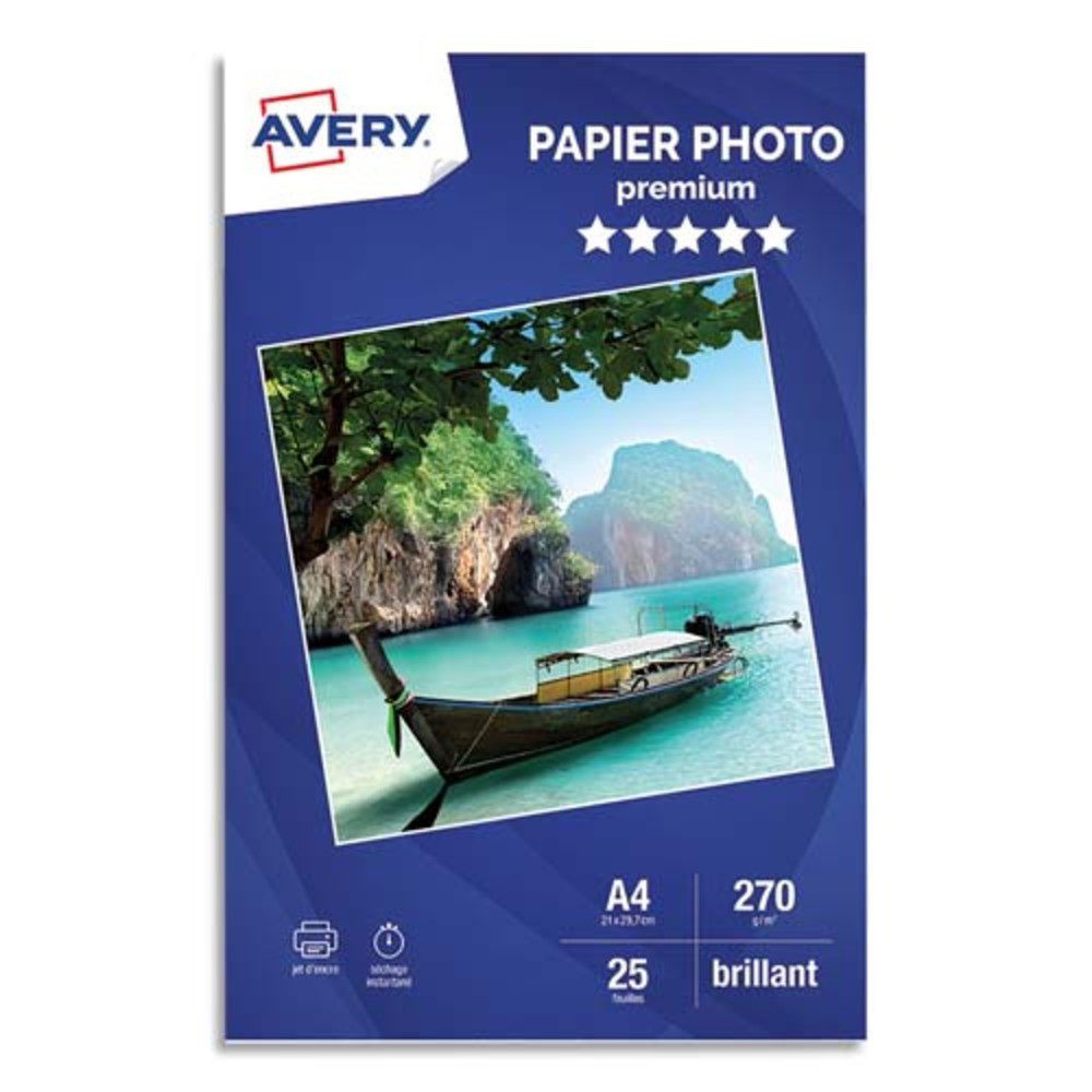 AVERY Bote de 25 feuilles de papier photo brillant A4, Jet d'encre, 270 g.