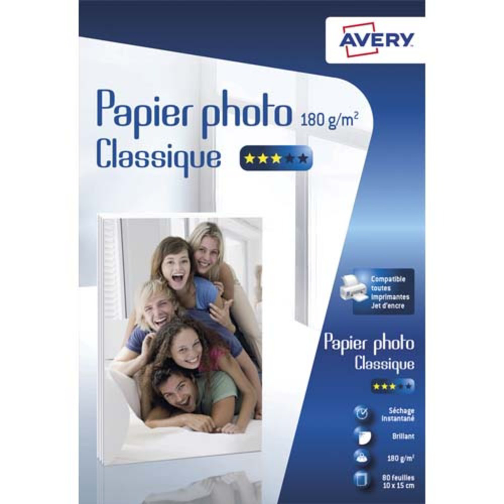AVERY Bote de 80 feuilles de papier photo brillant 10x15cm, Jet d'encre, 180 g/m