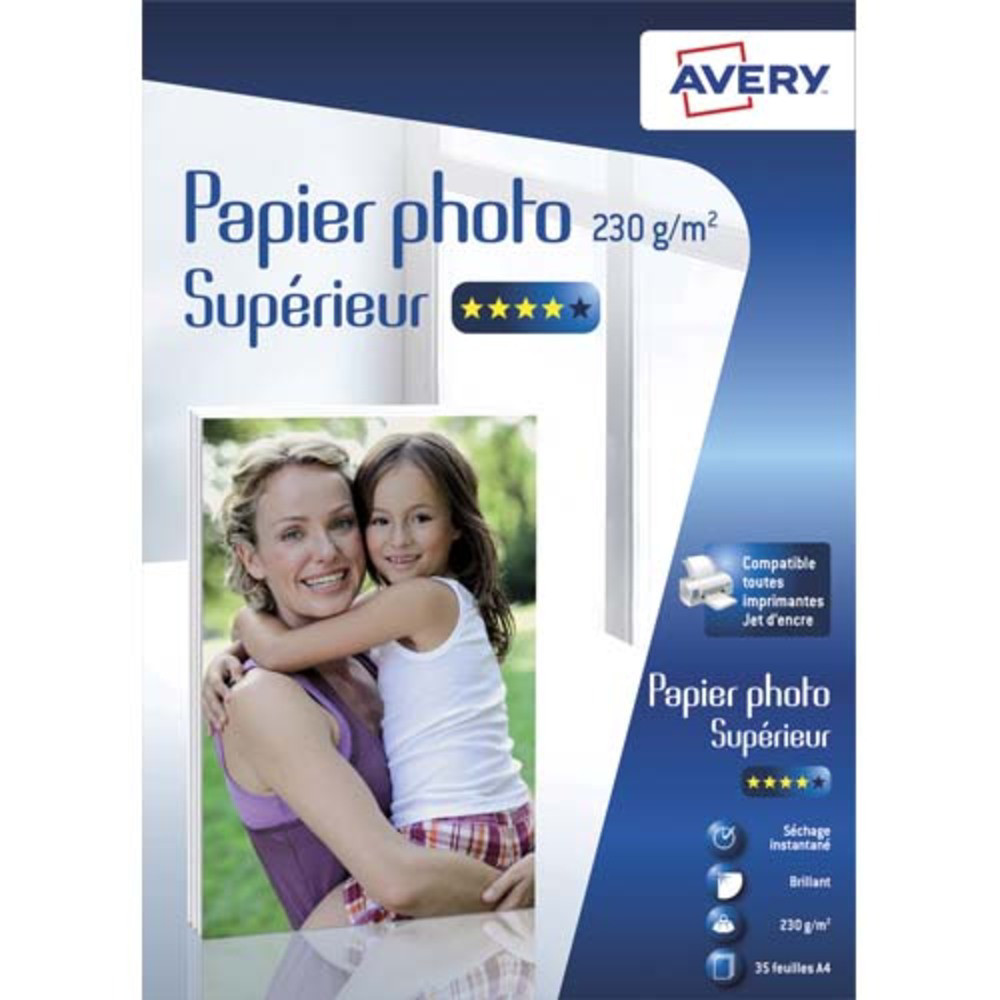 AVERY Bote de 35 feuilles de papier photo brillant A4, Jet d'encre, 230 g/m