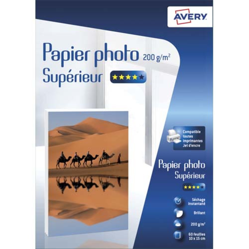 AVERY Bote de 60 feuilles de papier photo brillant 10x15cm, Jet d'encre, 200g/m
