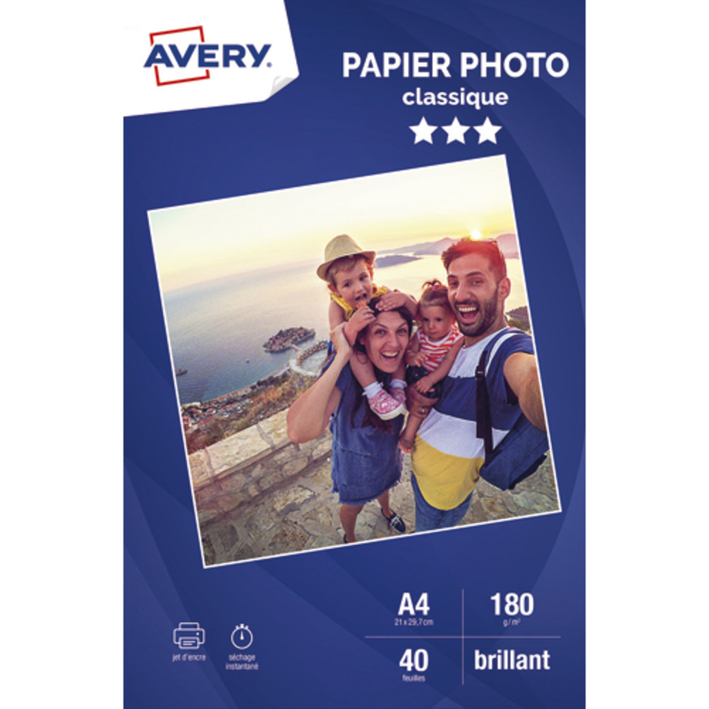 AVERY Bote de 40 feuilles de papier photo brillant A4, Jet d'encre, 180 g/m