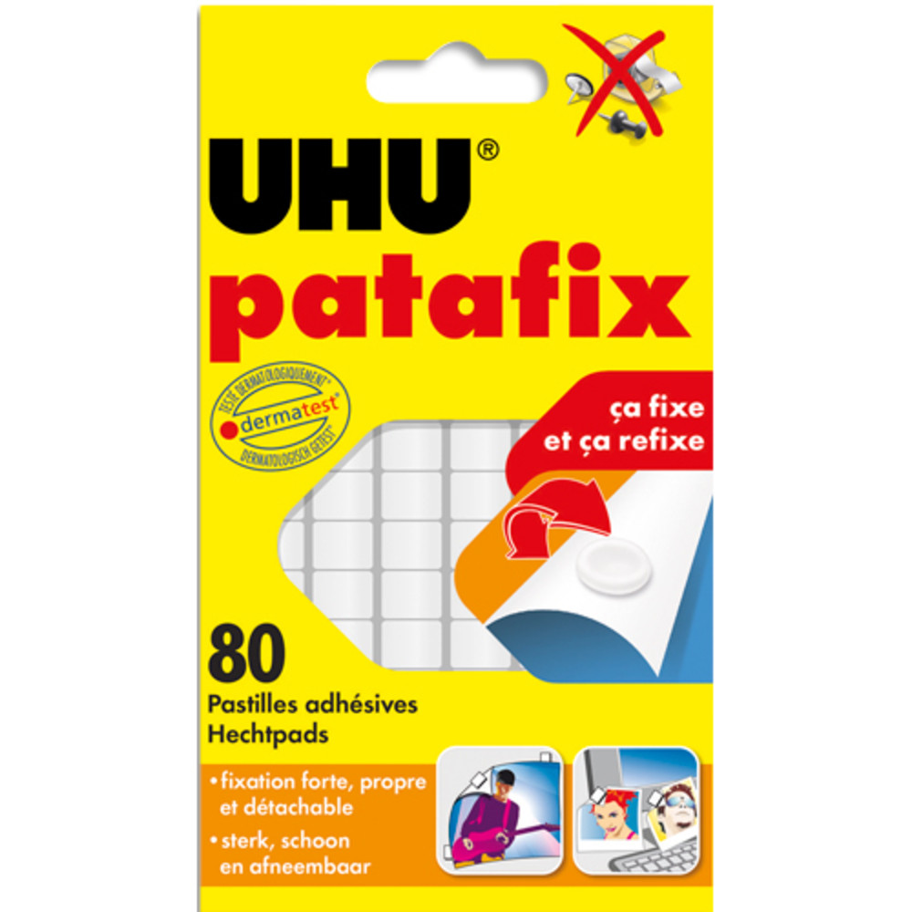 UHU Etui de 6 bandes prdcoupes de 80 pastilles Patafix blanche. Repositionnable  volont.