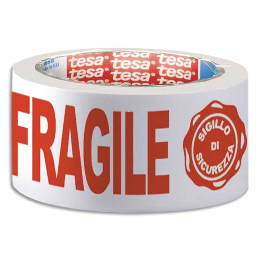 TESA Adhsif d'emballage en PP Blanc imprim Rouge Fragile silencieux 48 microns - H50 mm x L66 mtres