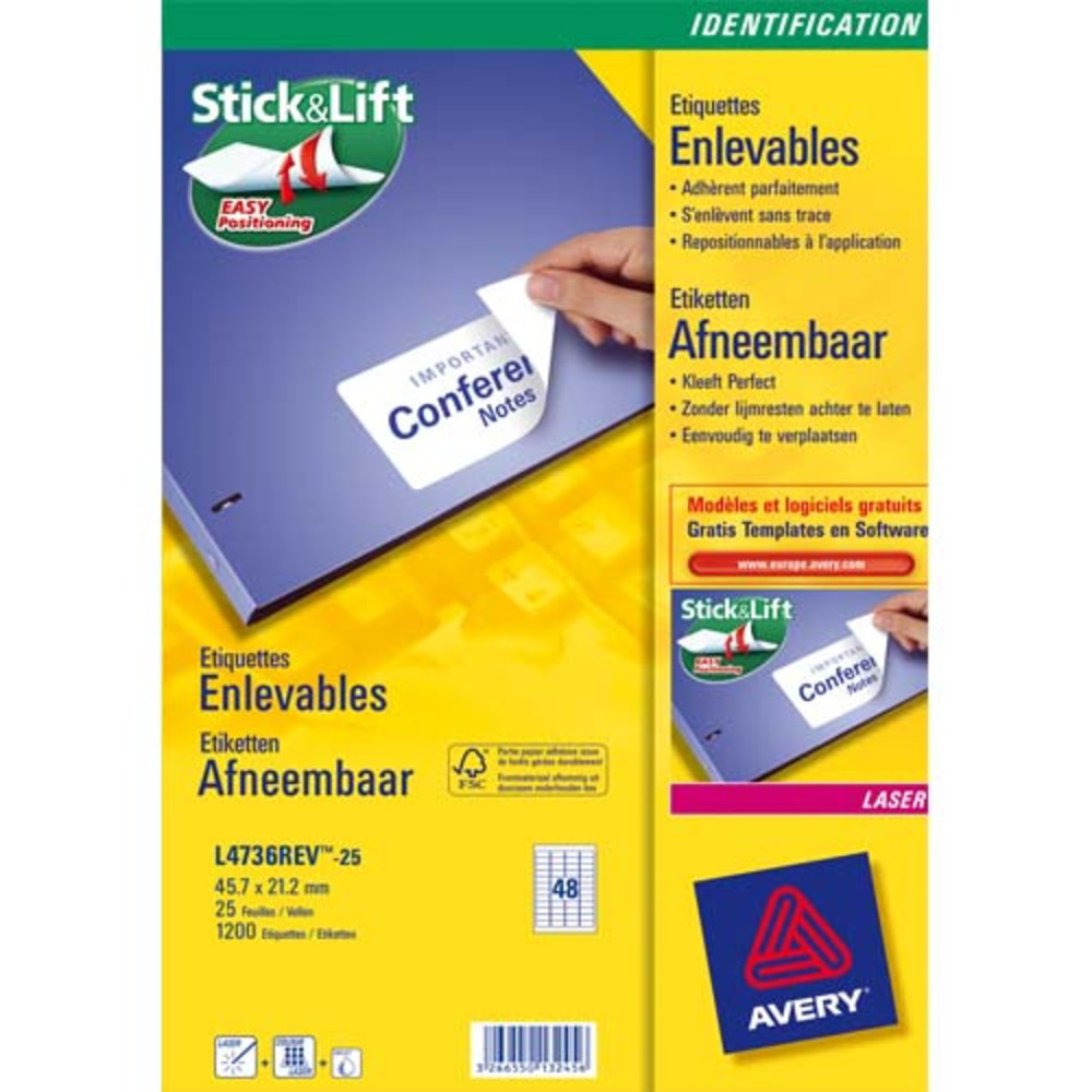 AVERY Bote de 200 Etiquettes Laser enlevable 96x63.5 mm (Bote de 25) L4745REV-25