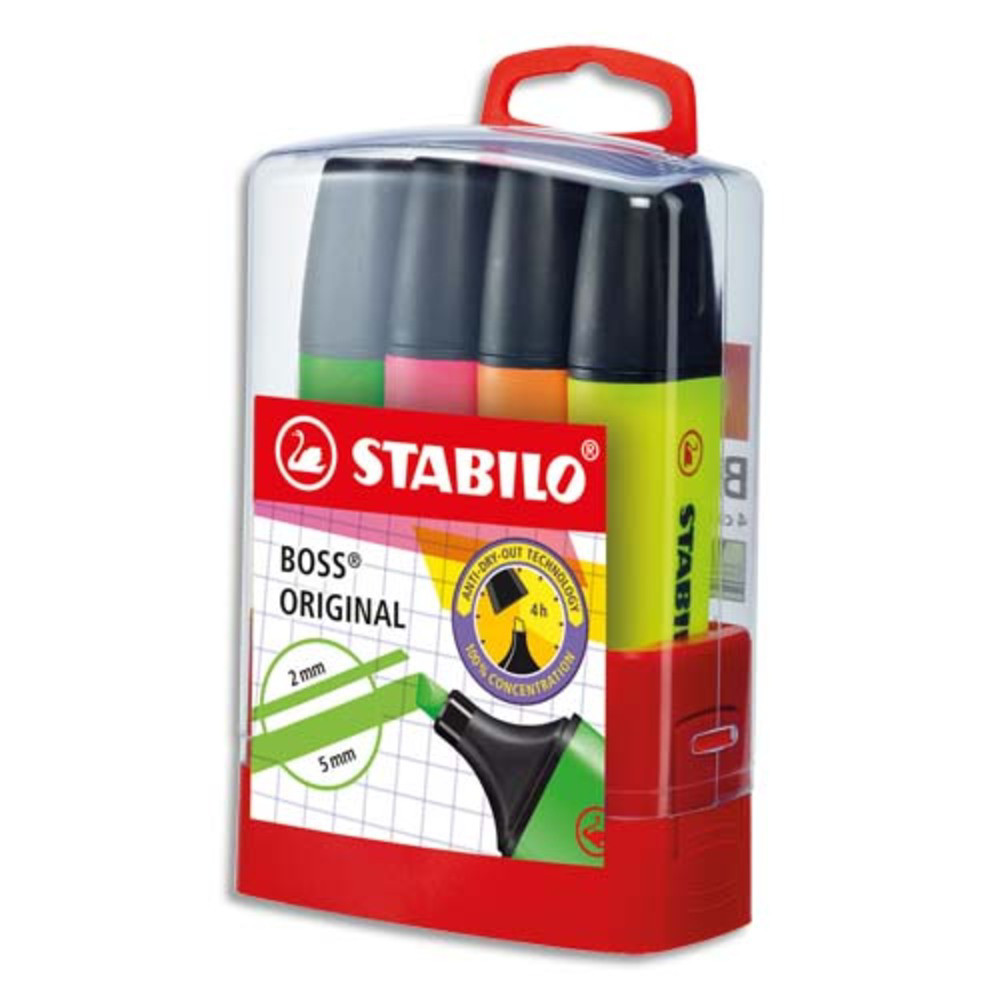 STABILO BOSS ORIGINAL surligneur pointe biseaute - BOSSparade de 4 surligneurs fluo - Coloris assortis