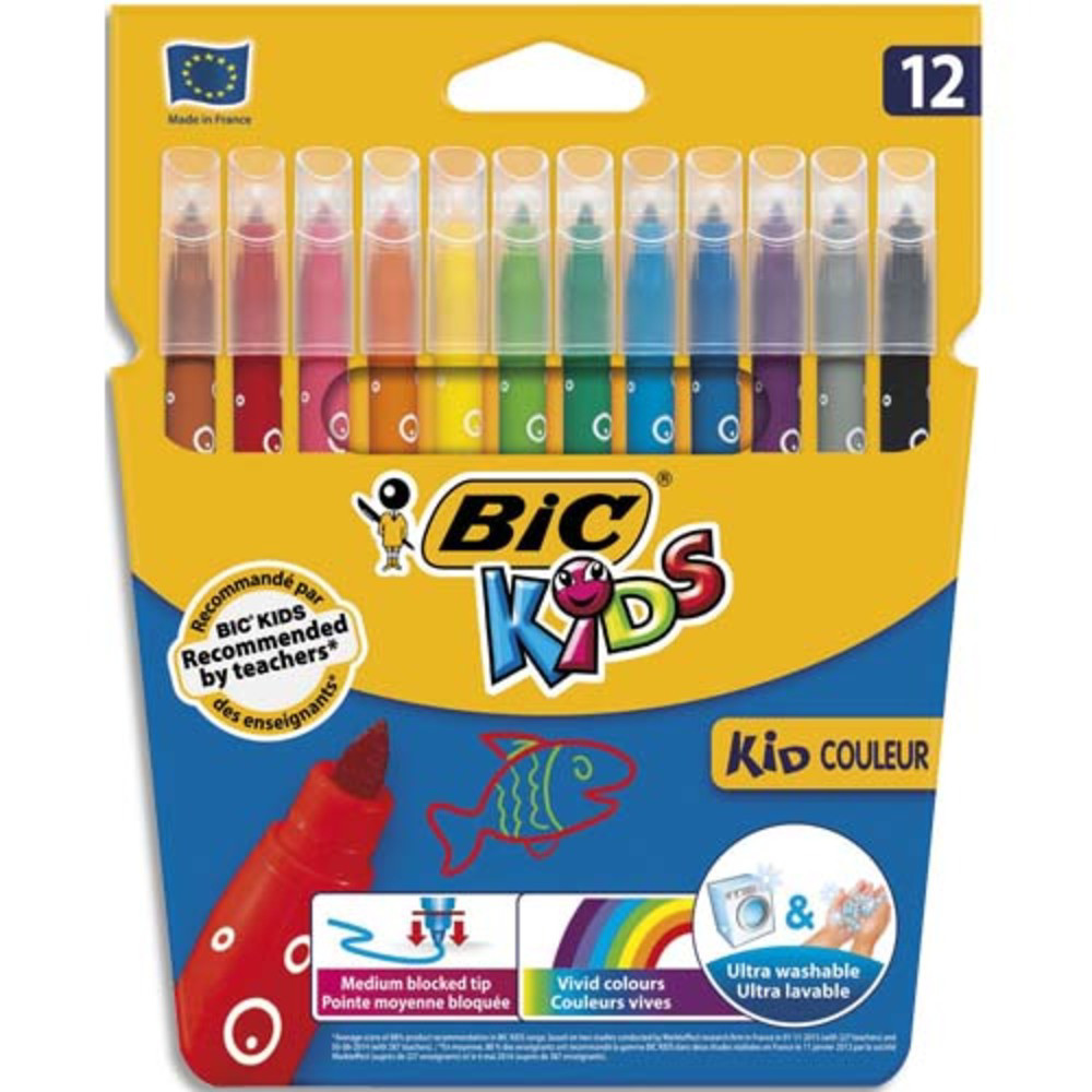 BIC KIDS Kid Couleur Feutres de coloriage Pointe moyenne - Couleurs assorties, Etui de 12