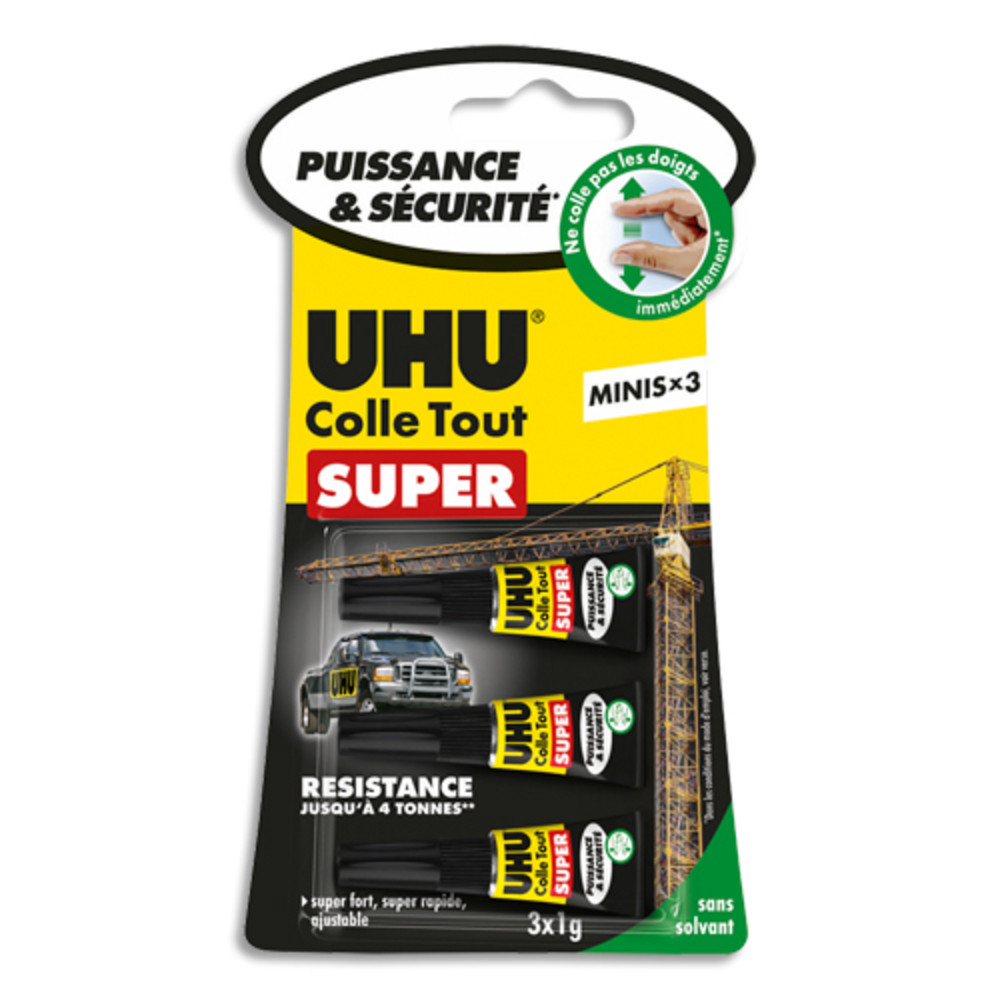 UHU Bote antichoc de 3 mini-tubes 1g de colle Strong and Safe. Sans solvant.