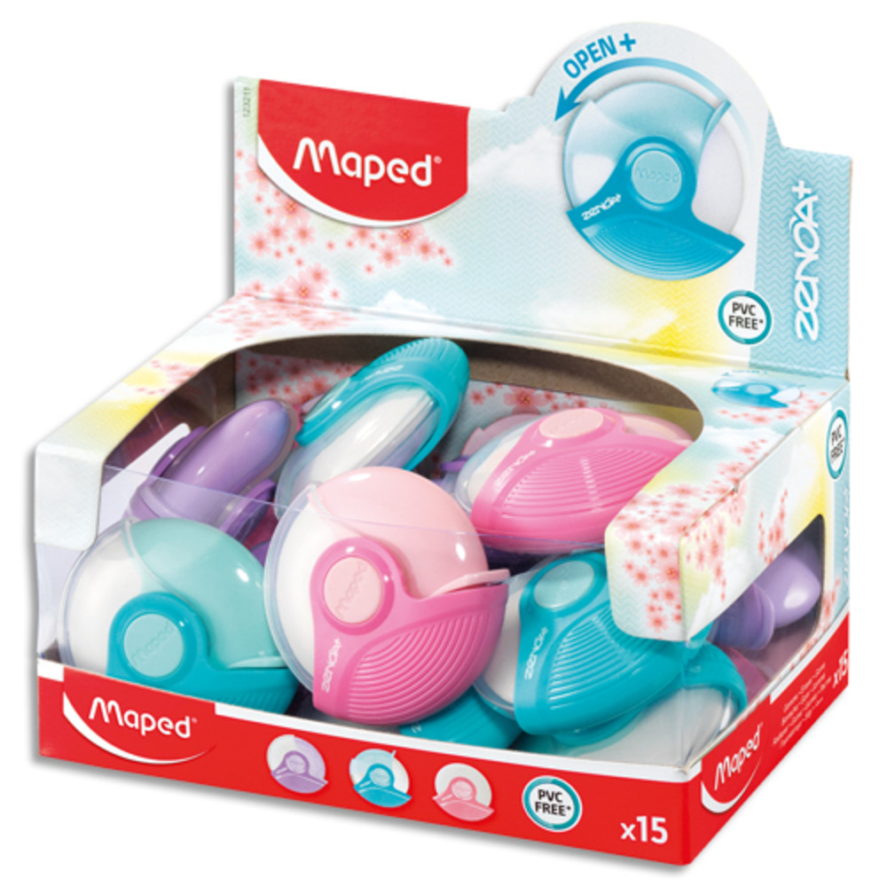 MAPED Gomme ZENOA PLUS avec tui de protection rotatif. Coloris assortis pastel alatoire