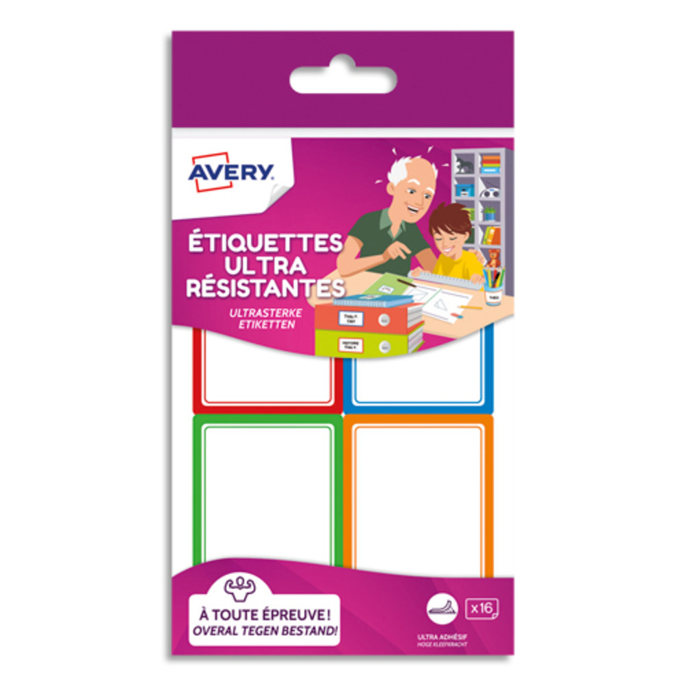 AVERY Sachet de 16 Etiquettes Ultra-Rsistantes 44x64mm Blanc avec Bordure Vert/Bleu/Orange/Rouge