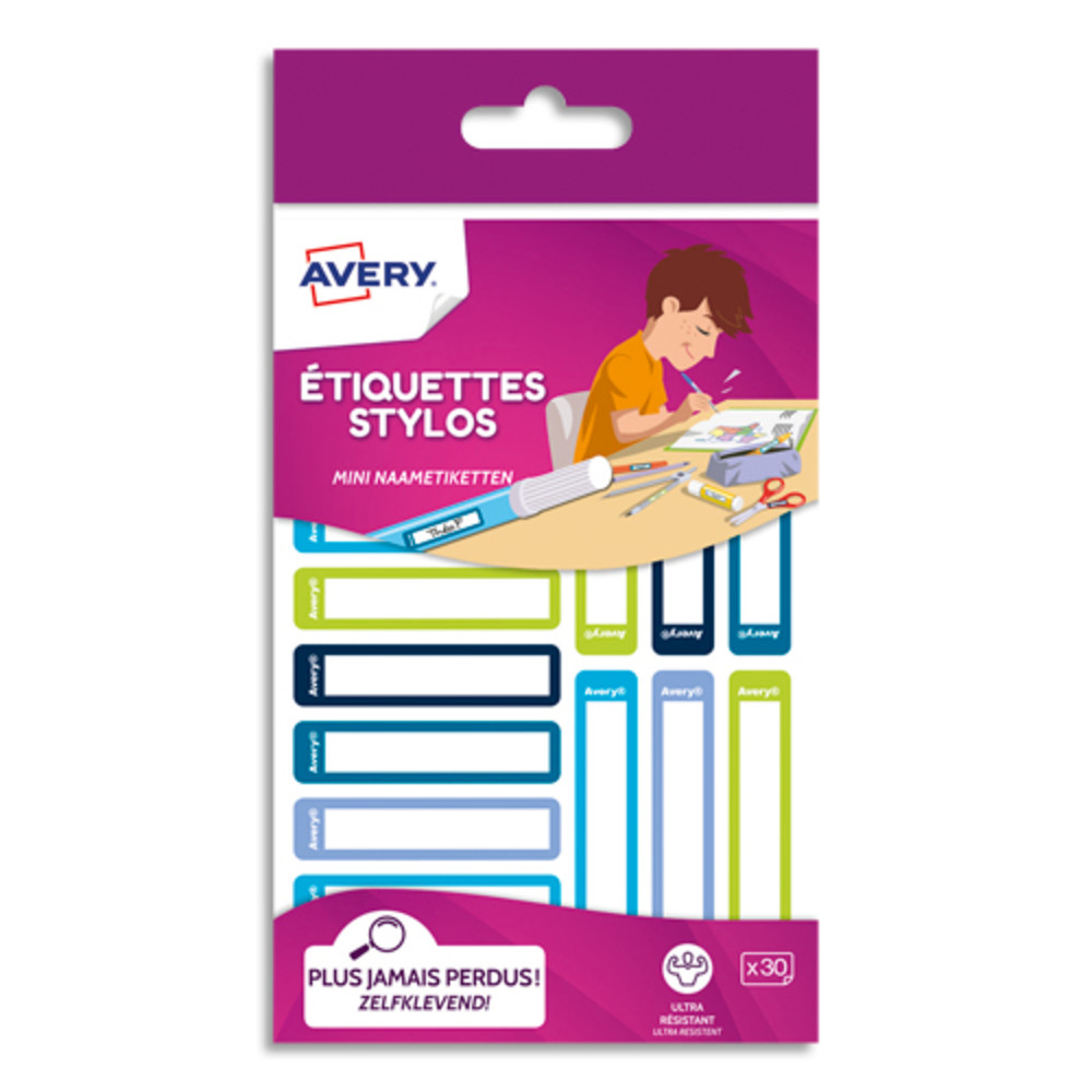 AVERY Blister de 30 Etiquettes Stylos 50x10mm, coloris Bleu/vert, crire avec un feutre permanent